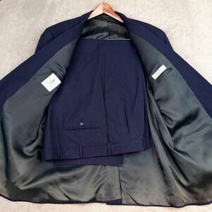 Austin Reed Mens Navy Blue Wool 2 Button Suit Blazer Pleated Cuffed Pants Set